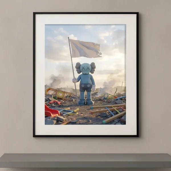 Tableau Kaws Victoire humaine avec figure tenant un drapeau blanc dans un décor de reconstruction