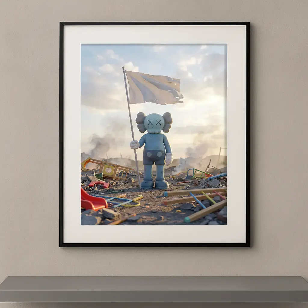 Tableau Kaws Victoire humaine avec figure tenant un drapeau blanc dans un décor de reconstruction