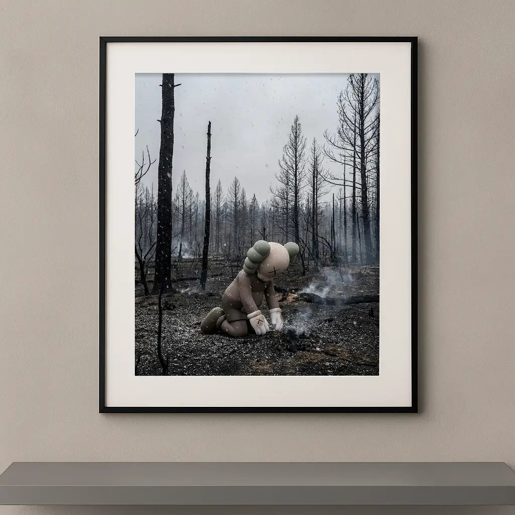 Tableau Kaws Extinction silencieuse avec figure agenouillée dans une forêt brûlée