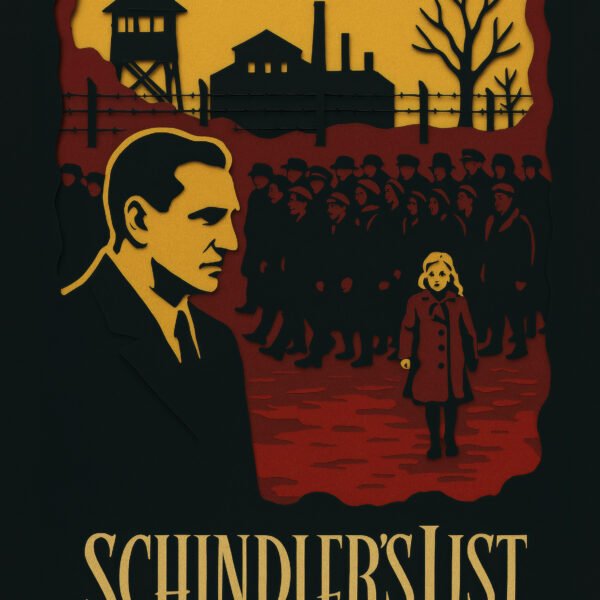 Tableau film culte La Liste de Schindler en style papier découpé noir rouge et doré