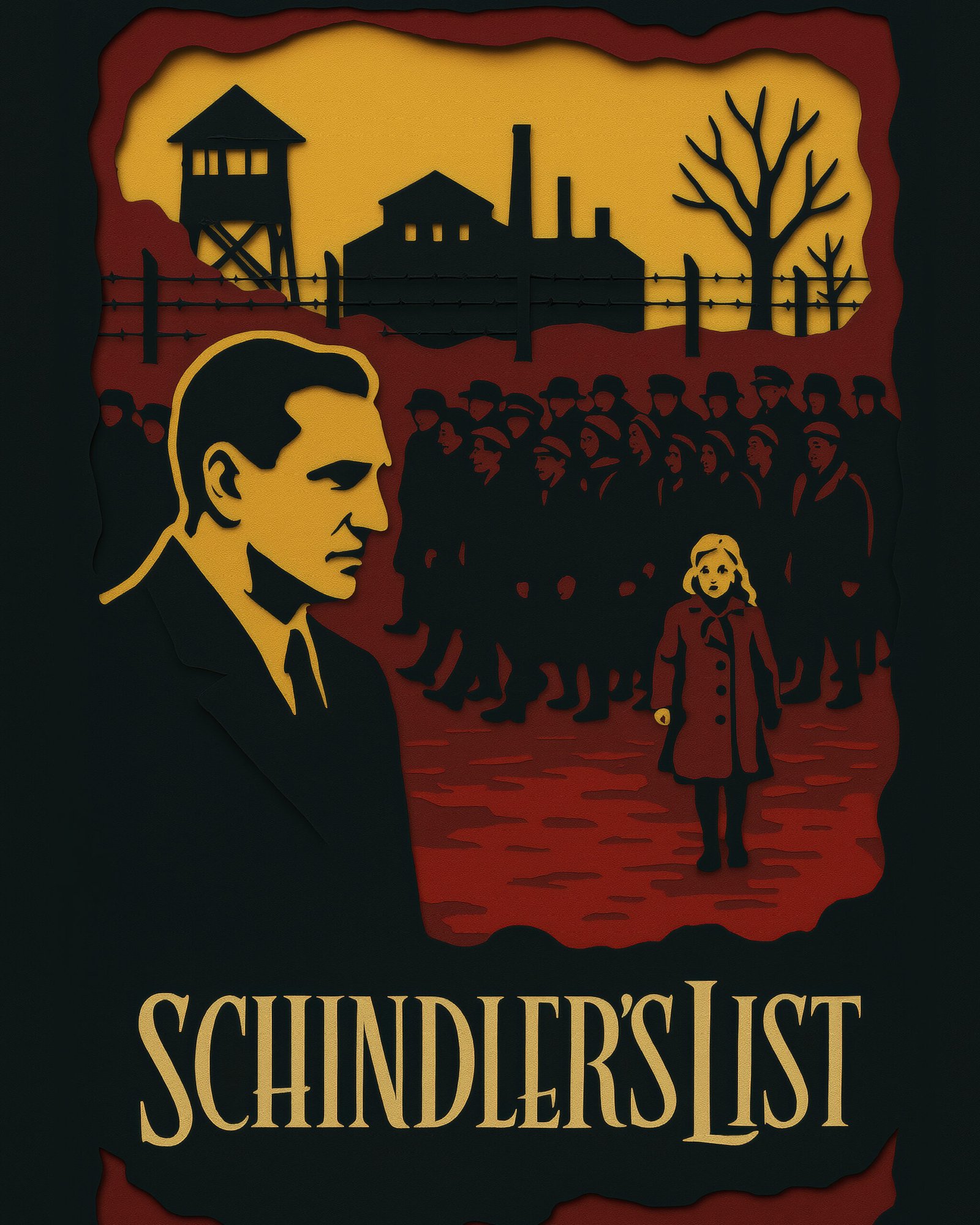 Tableau film culte La Liste de Schindler en style papier découpé noir rouge et doré
