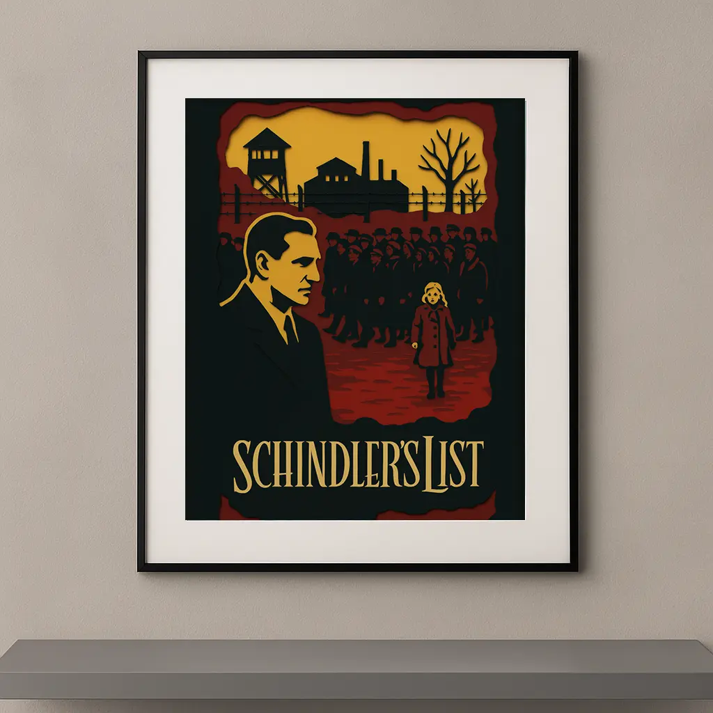 Tableau film culte La Liste de Schindler en style papier découpé noir rouge et doré