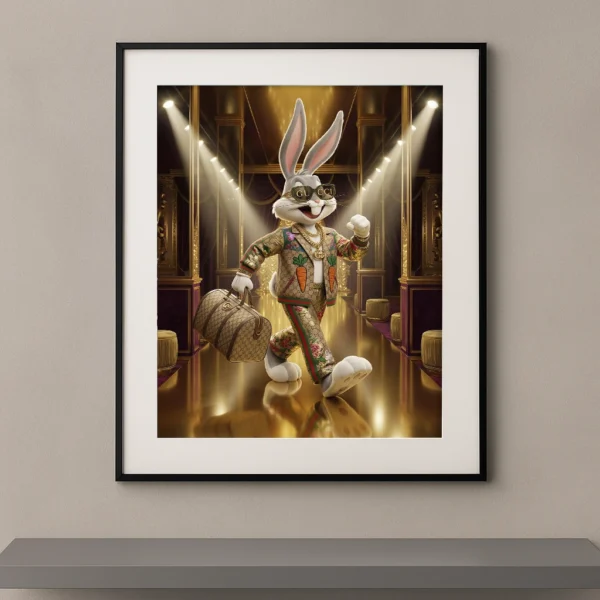 Tableau lapin pop luxe dans un décor doré de maison couture Graphic Avenue
