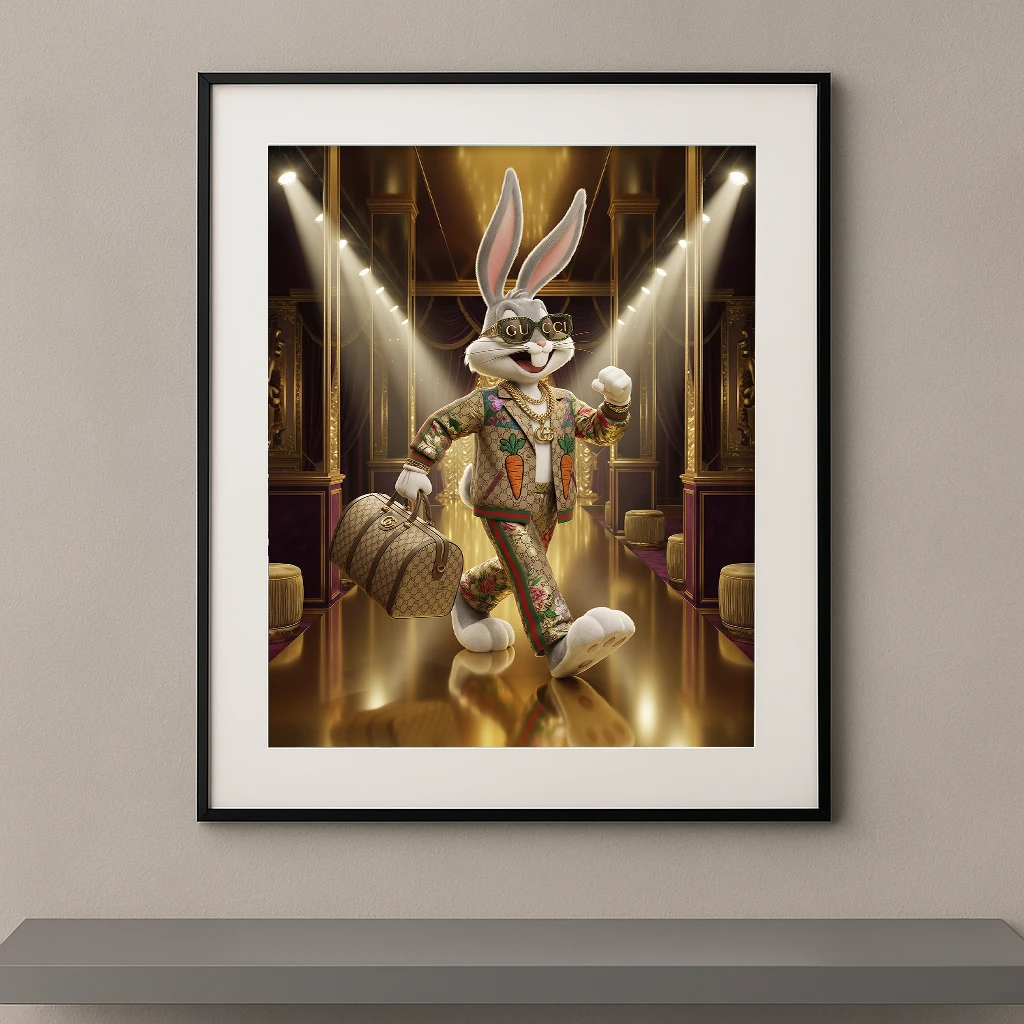 Tableau lapin pop luxe dans un décor doré de maison couture Graphic Avenue