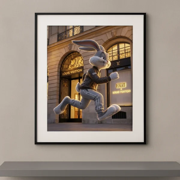 Tableau lapin runner street luxe devant une boutique de mode parisienne Graphic Avenue