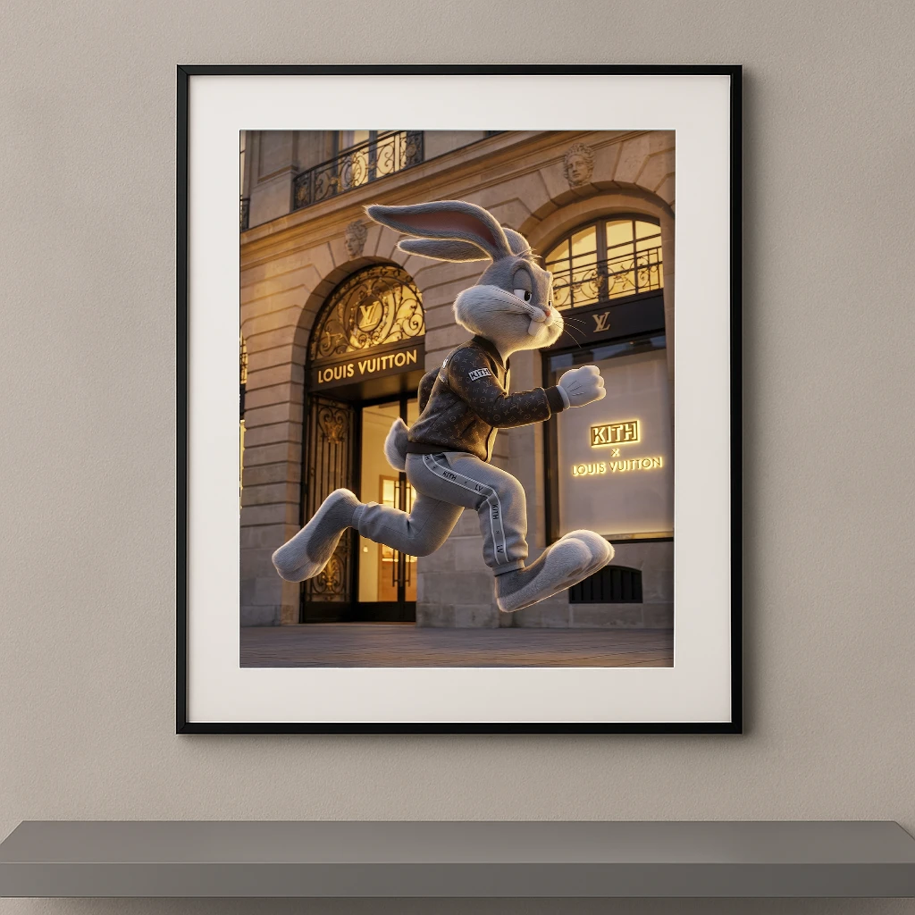 Tableau lapin runner street luxe devant une boutique de mode parisienne Graphic Avenue