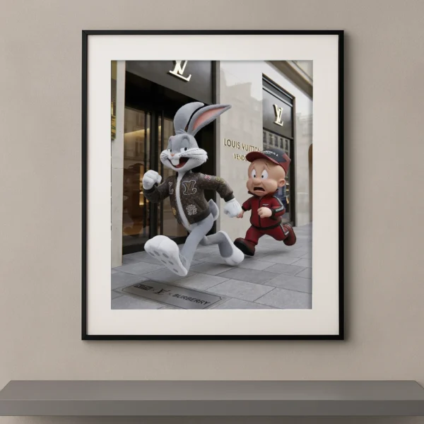Tableau duo cartoon pop luxe devant une boutique parisienne Graphic Avenue