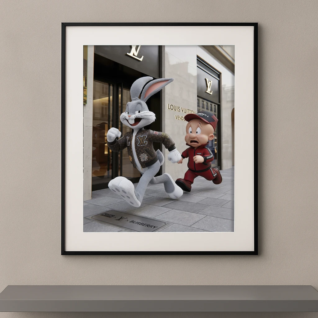 Tableau duo cartoon pop luxe devant une boutique parisienne Graphic Avenue
