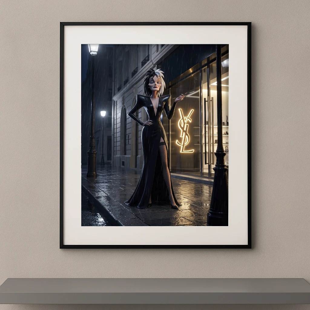 Tableau diva pop couture sous la pluie devant une boutique de luxe parisienne Graphic Avenue