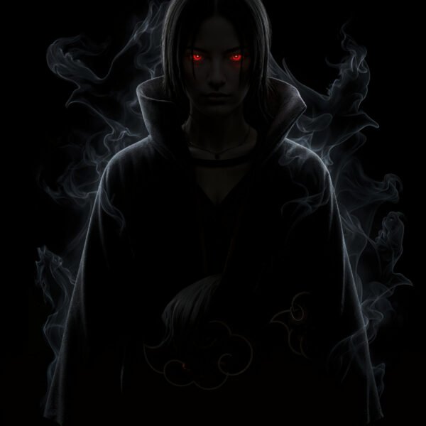 Itachi — Tableau Dark Icons, portrait silhouette en clair-obscur aux yeux rouges et cape Akatsuki, inspiré de Naruto, art mural premium