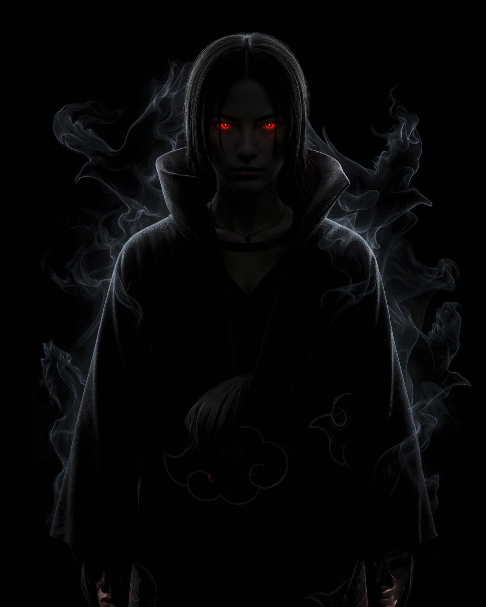 Itachi — Tableau Dark Icons, portrait silhouette en clair-obscur aux yeux rouges et cape Akatsuki, inspiré de Naruto, art mural premium