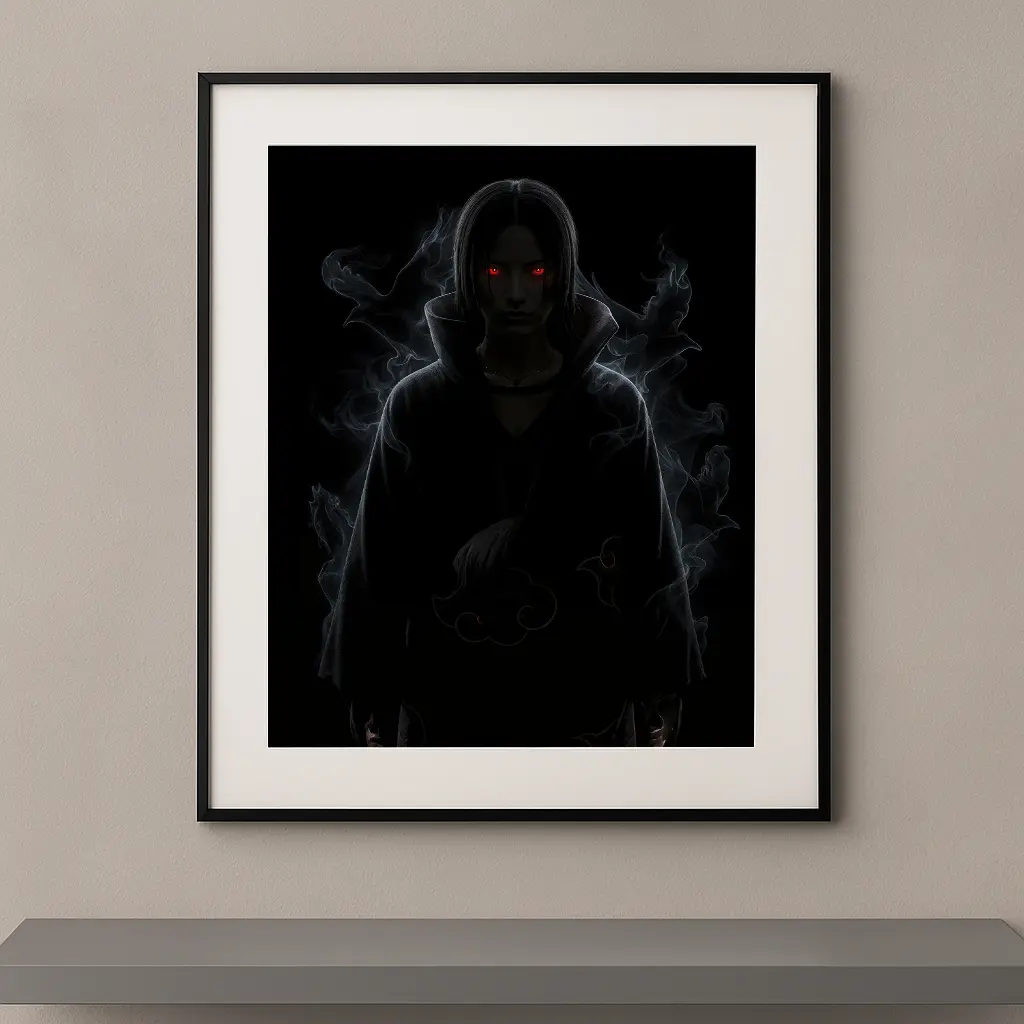Itachi Dark Icons silhouette manteau Akatsuki fumée yeux rouges fond noir Naruto Shippuden — Graphic Avenue