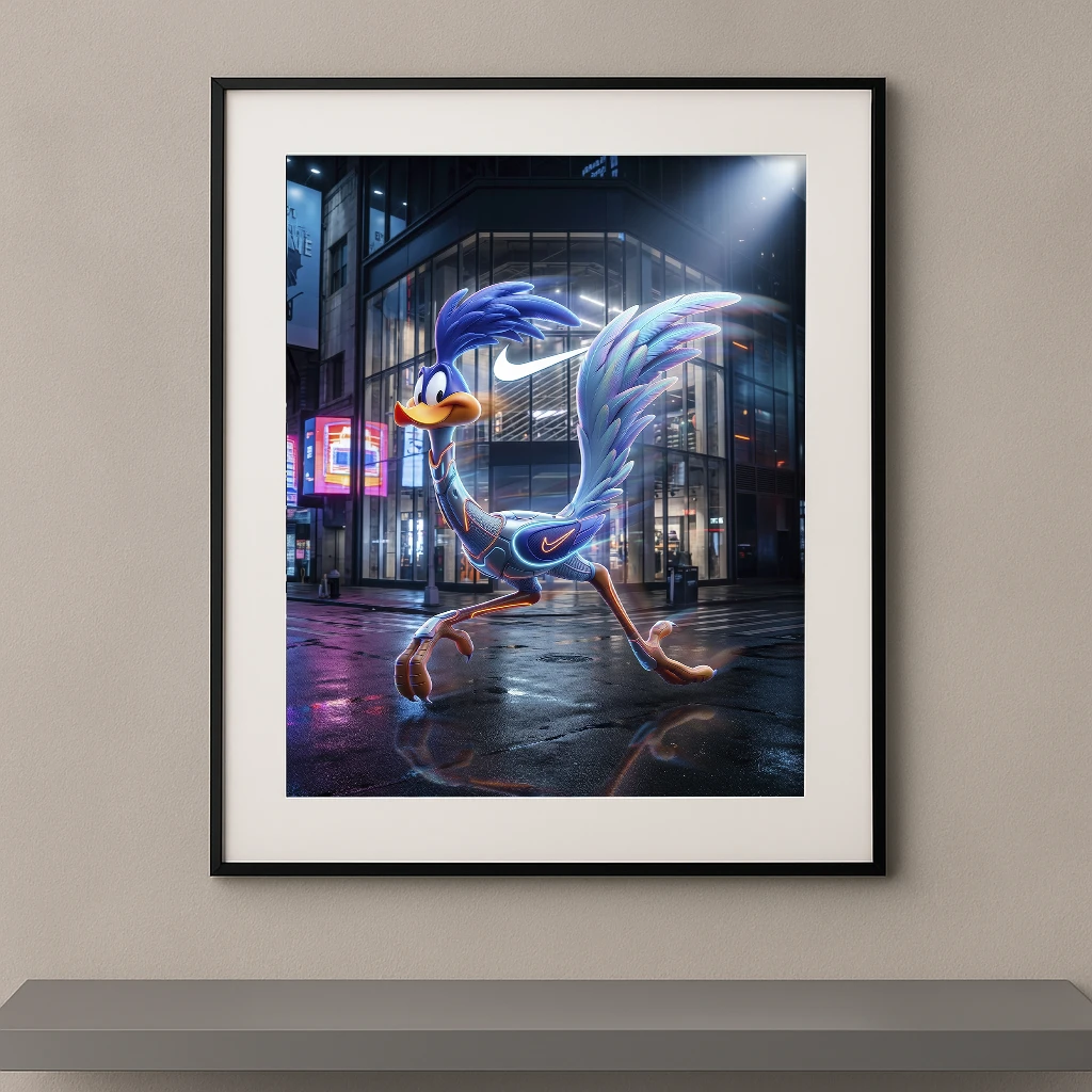Tableau oiseau runner pop néon devant une boutique sport urbaine Graphic Avenue