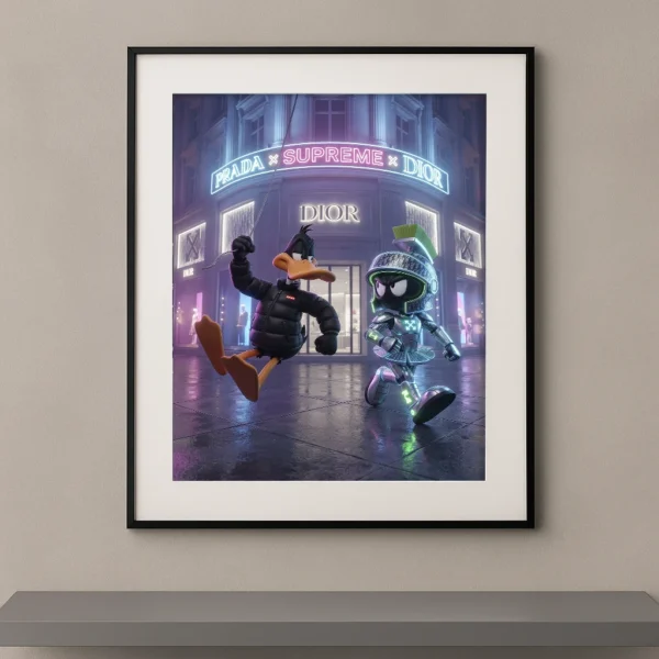 Tableau duo cartoon pop futuriste devant une boutique de luxe néon Graphic Avenue