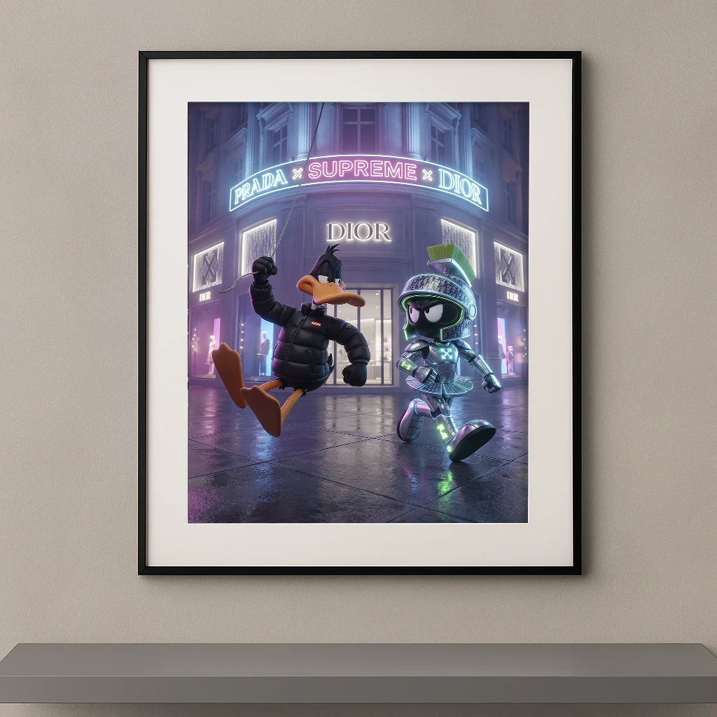 Tableau duo cartoon pop futuriste devant une boutique de luxe néon Graphic Avenue