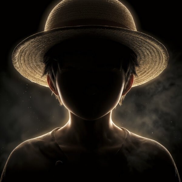 Luffy — Tableau Dark Icons, portrait silhouette en clair-obscur avec chapeau de paille, inspiré de One Piece, art mural premium