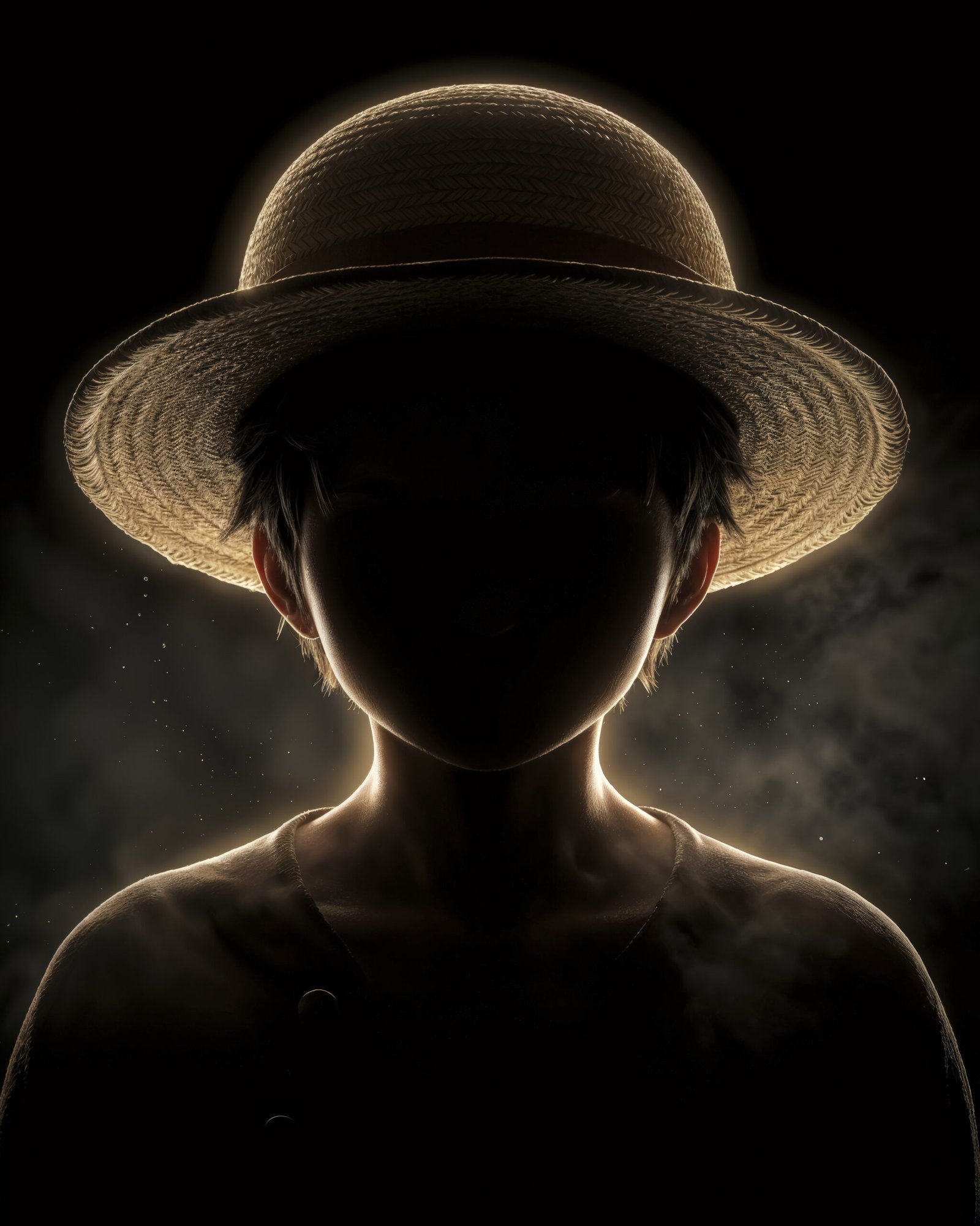 Luffy — Tableau Dark Icons, portrait silhouette en clair-obscur avec chapeau de paille, inspiré de One Piece, art mural premium