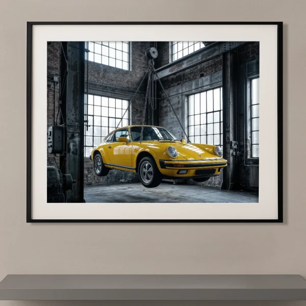 Tableau voiture de légende Porsche 911 classique jaune suspendue dans un atelier industriel
