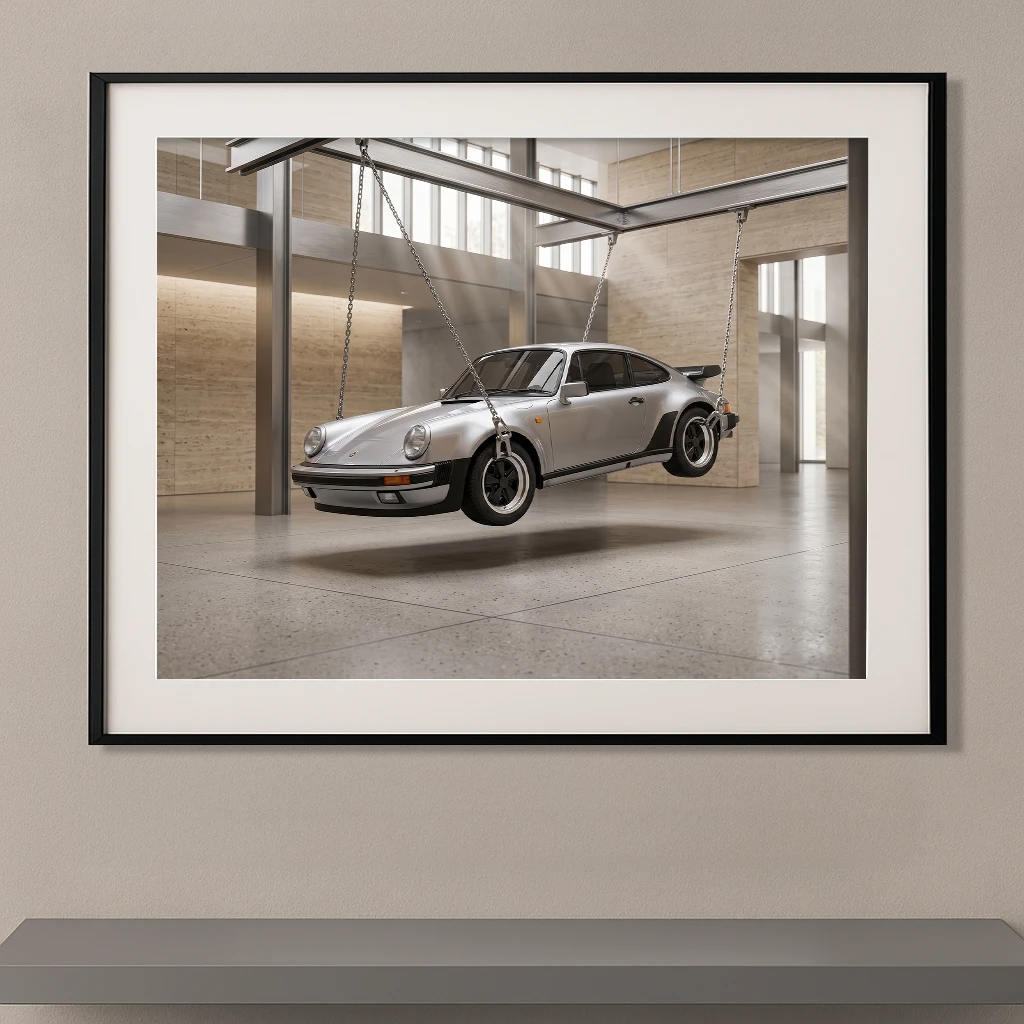 Tableau voiture de légende Porsche 930 Turbo argent suspendue dans un espace architectural