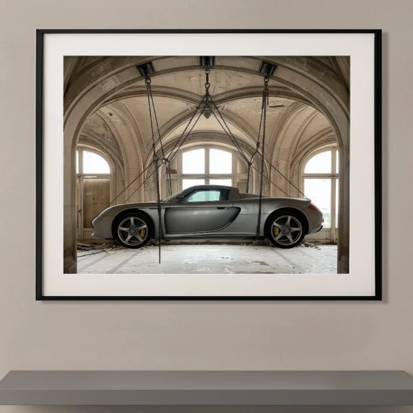 Tableau voiture de légende Porsche Carrera GT argent suspendue dans un palais ancien