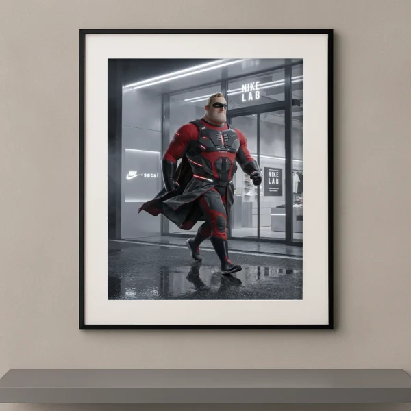 Tableau super-héros cartoon sport luxe devant une boutique urbaine Graphic Avenue
