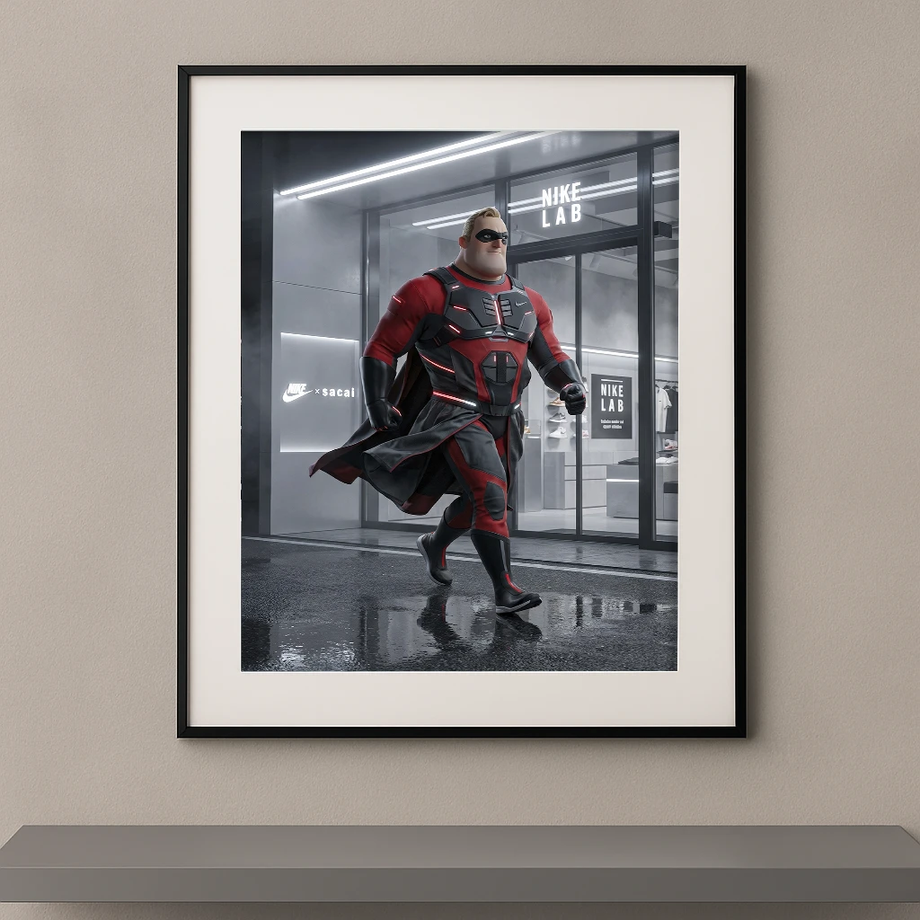 Tableau super-héros cartoon sport luxe devant une boutique urbaine Graphic Avenue