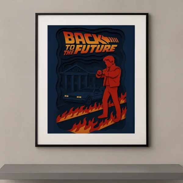 Tableau film culte Retour vers le futur en style papier découpé bleu orange et rouge