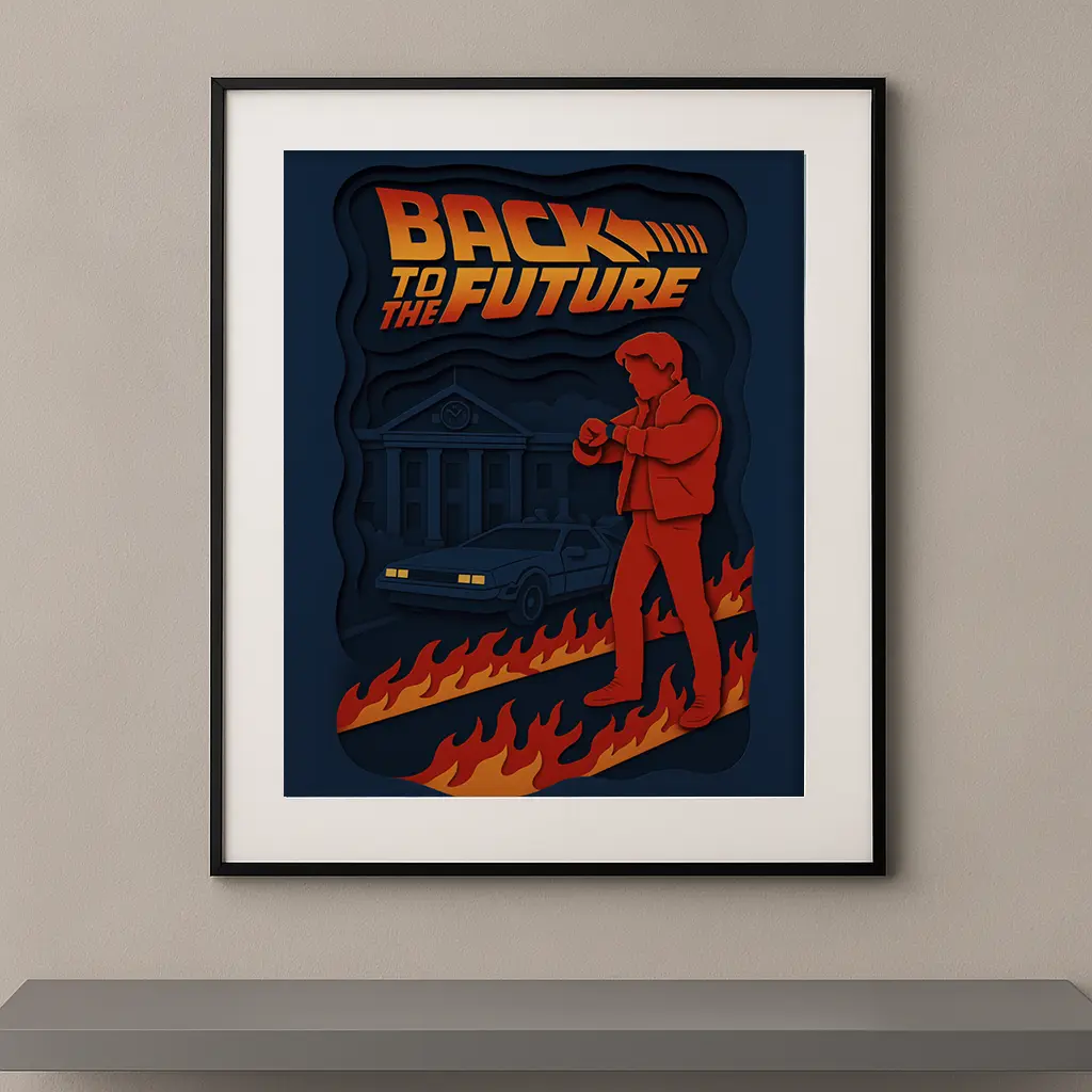 Tableau film culte Retour vers le futur en style papier découpé bleu orange et rouge