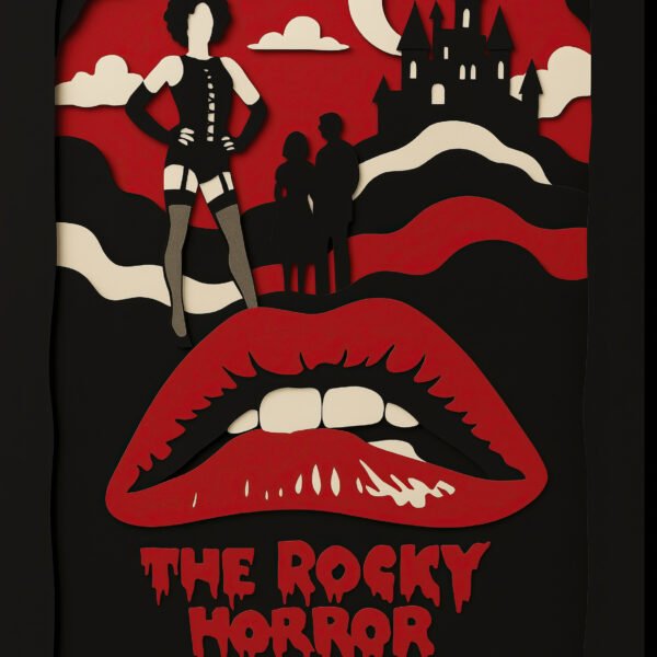 Tableau film culte Rocky Horror Picture Show en style papier découpé noir rouge et blanc