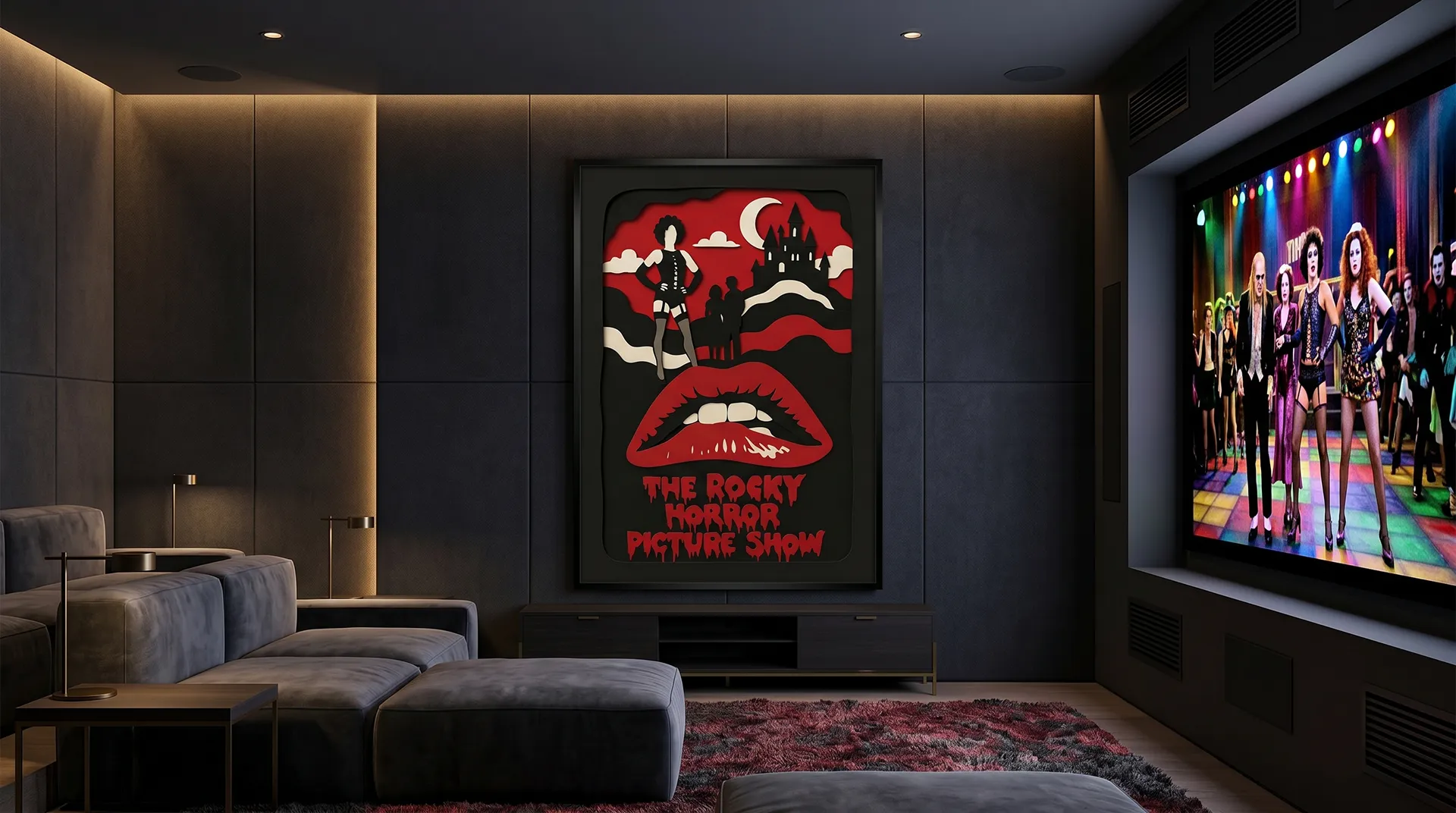 Tableau Rocky Horror encadré dans une salle de cinéma privée premium