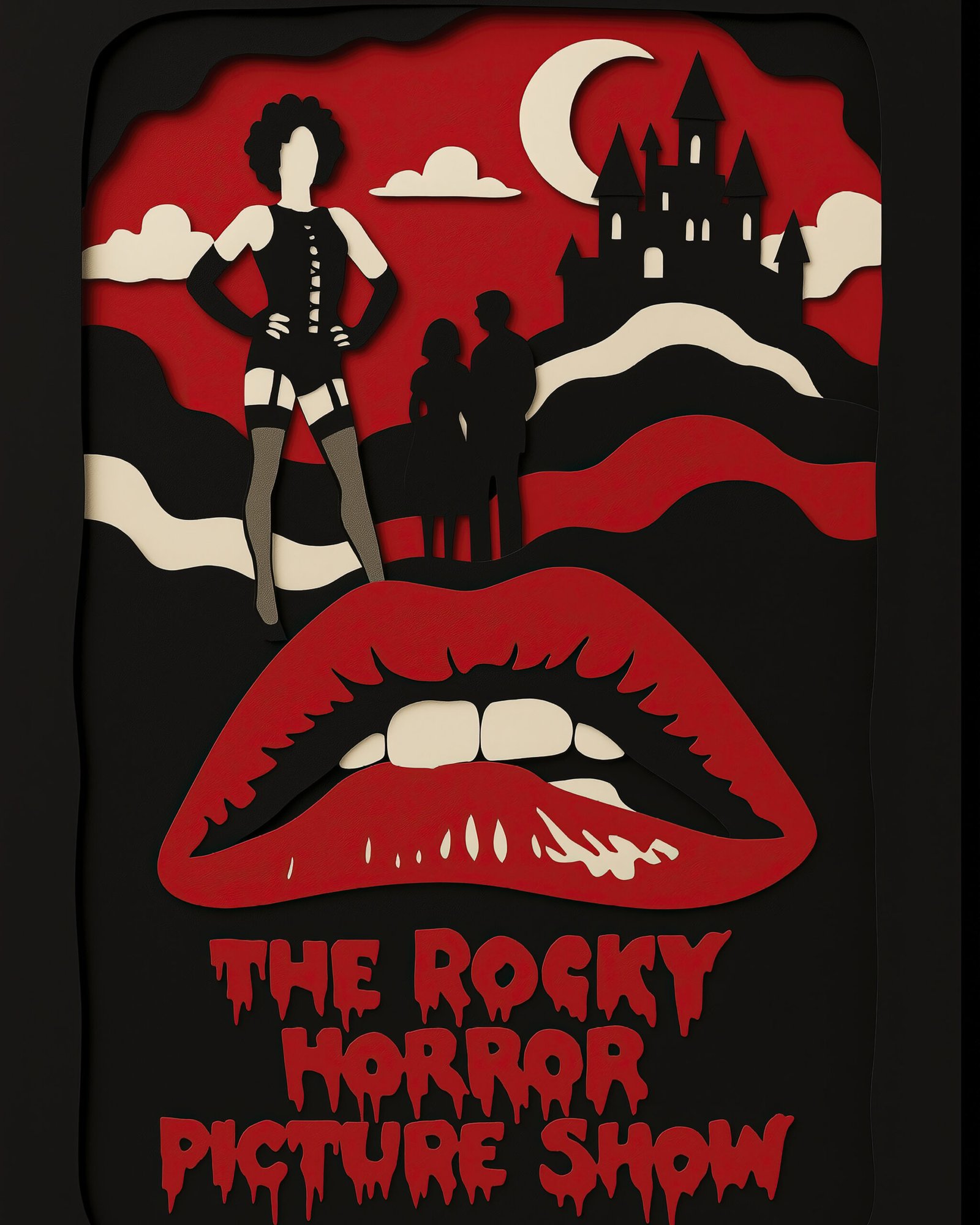 Tableau film culte Rocky Horror Picture Show en style papier découpé noir rouge et blanc