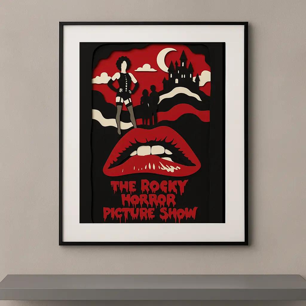 Tableau film culte Rocky Horror en style papier découpé rouge noir et blanc