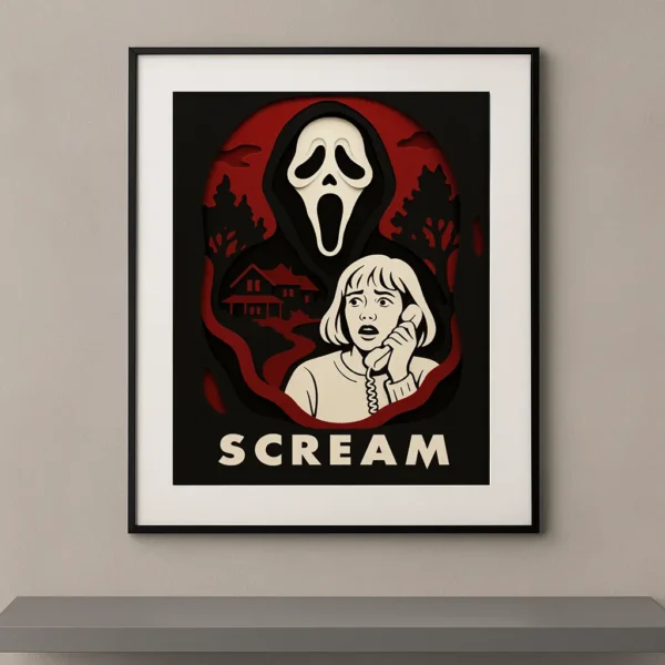 Tableau film culte Scream en style papier découpé noir rouge et blanc