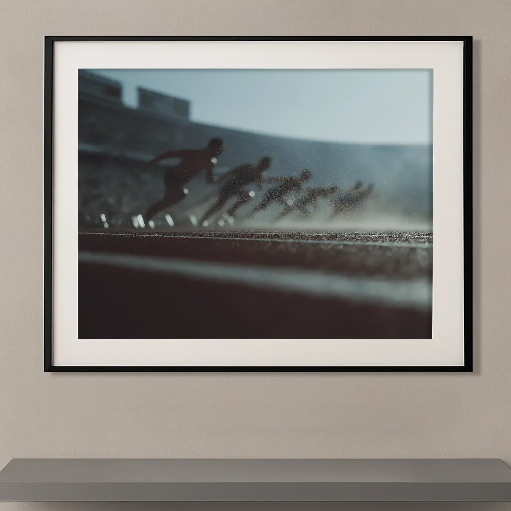 Tableau sportif 100 mètres en flou artistique dans un cadre noir avec passe-partout Graphic Avenue
