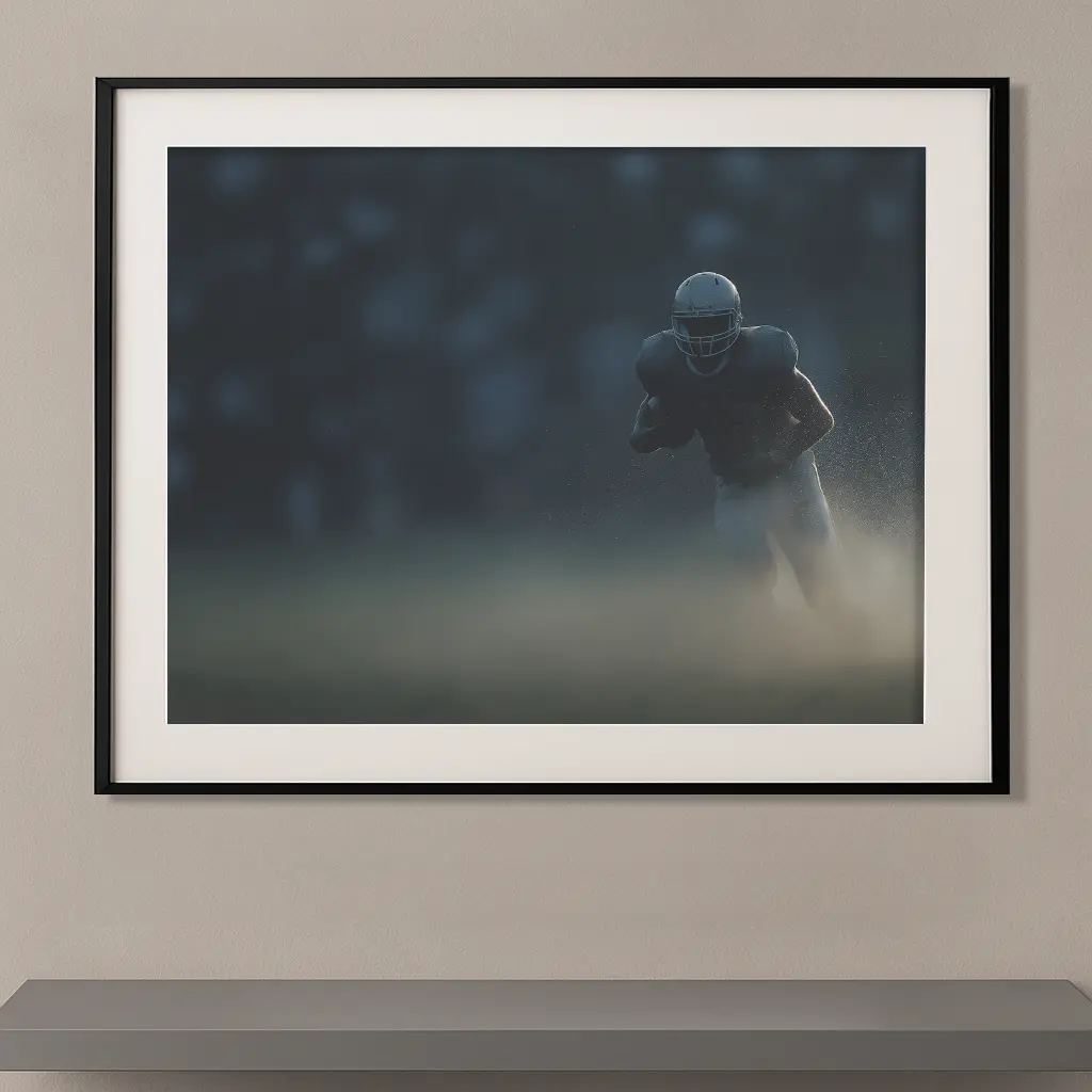 Tableau football américain en mouvement avec joueur flouté dans un cadre noir Graphic Avenue