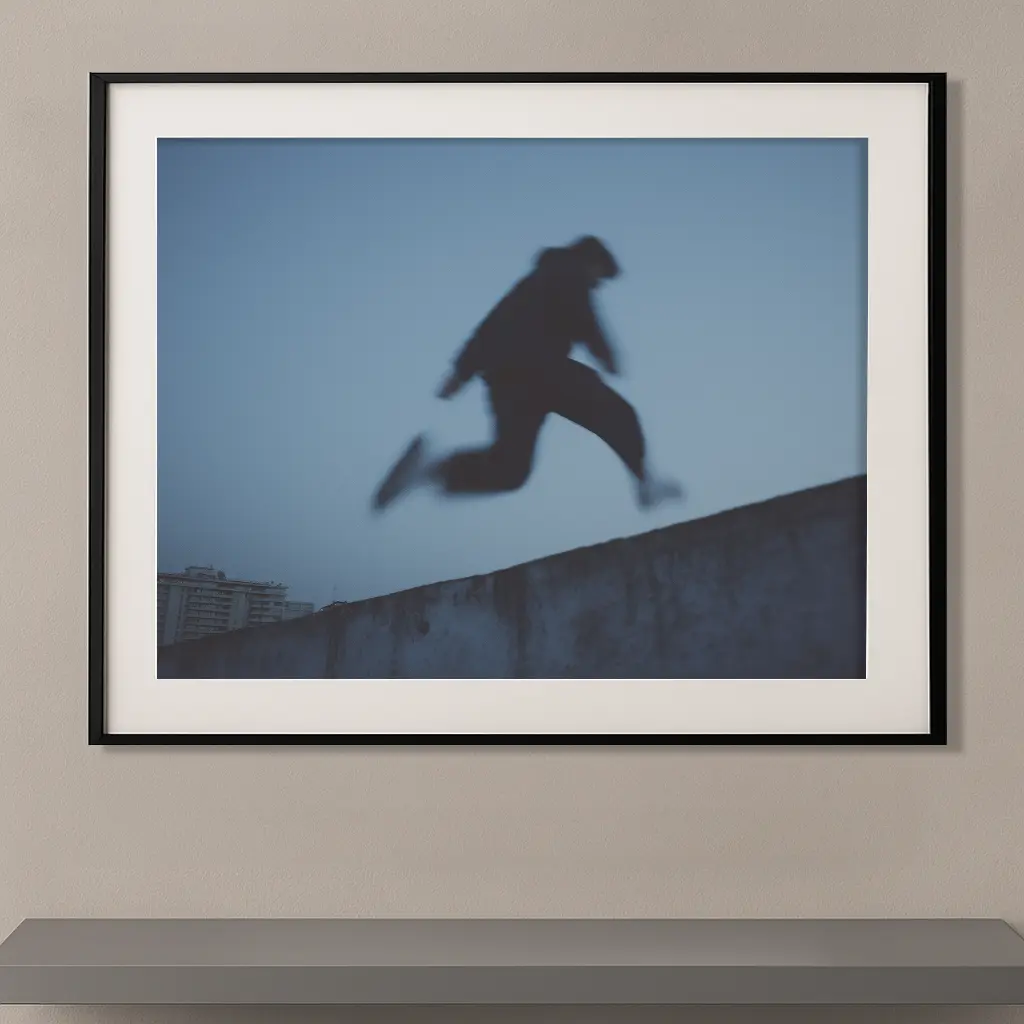 Tableau sport urbain parcours avec silhouette floutée en saut dans un cadre noir Graphic Avenue