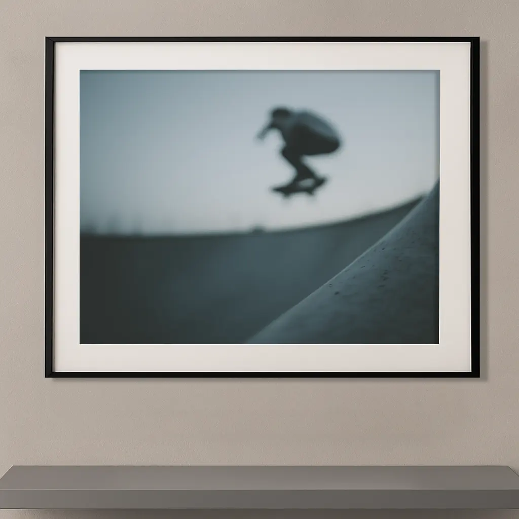 Tableau skate en mouvement avec silhouette floutée dans un skatepark Graphic Avenue