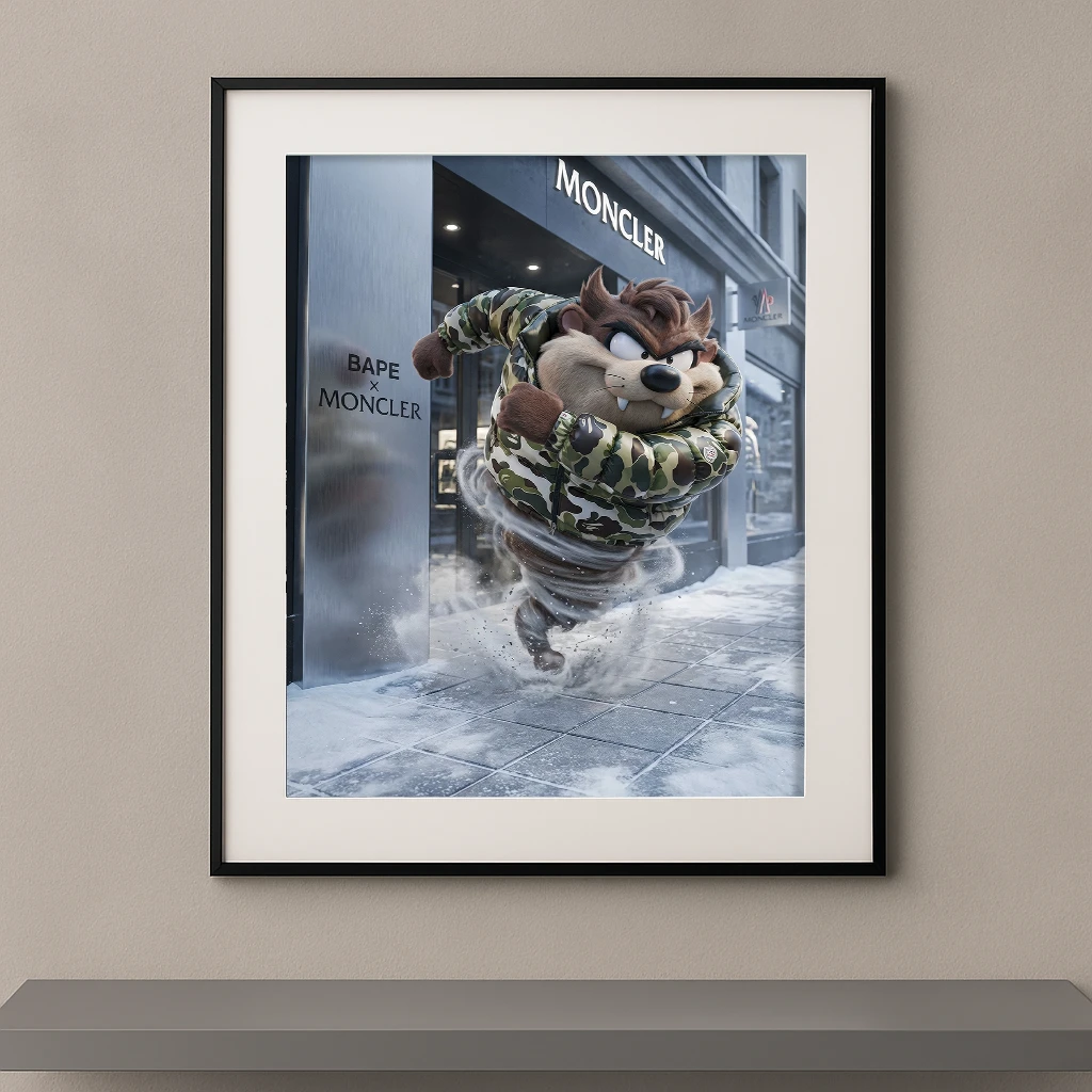 Tableau tornade cartoon street luxe devant une boutique de mode hivernale Graphic Avenue