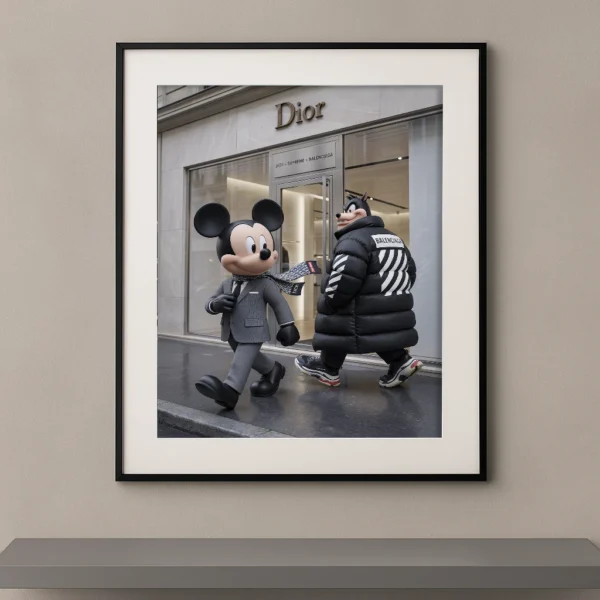 Tableau duo cartoon street luxe devant une boutique de mode parisienne Graphic Avenue