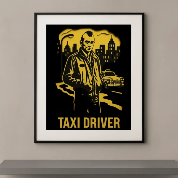 Tableau film culte Taxi Driver en style papier découpé noir et jaune