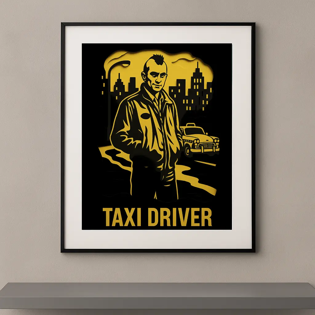Tableau film culte Taxi Driver en style papier découpé noir et jaune