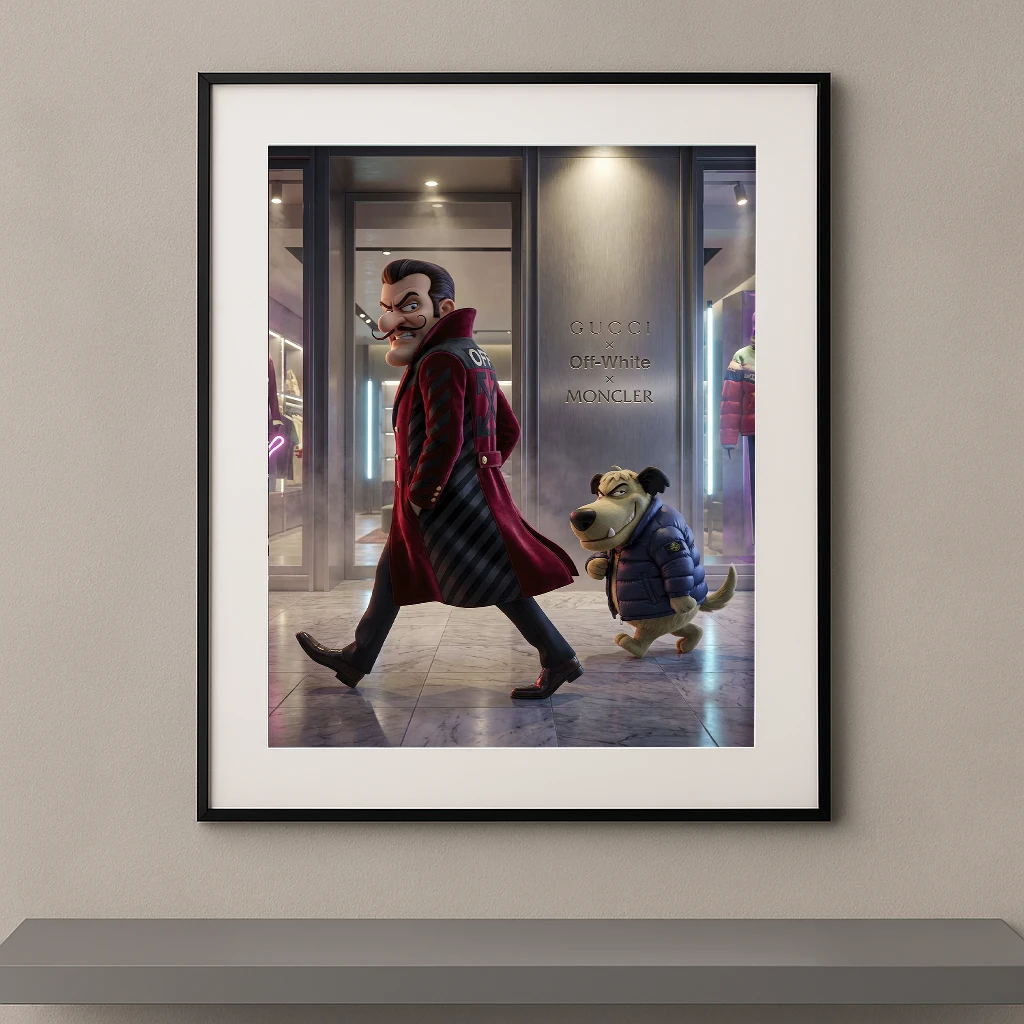 Tableau duo cartoon méchant pop luxe dans une boutique de mode urbaine Graphic Avenue