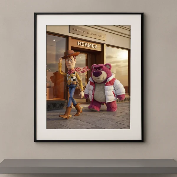 Tableau duo cartoon western pop luxe devant une boutique de mode Graphic Avenue