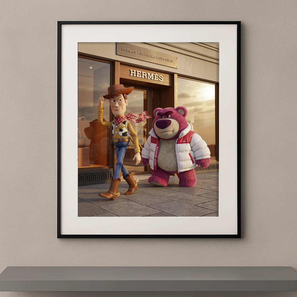 Tableau duo cartoon western pop luxe devant une boutique de mode Graphic Avenue
