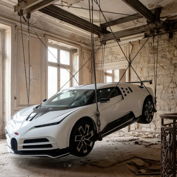 Bugatti Centodieci Suspension — hypercar blanche suspendue dans un palais en ruines, art mural premium