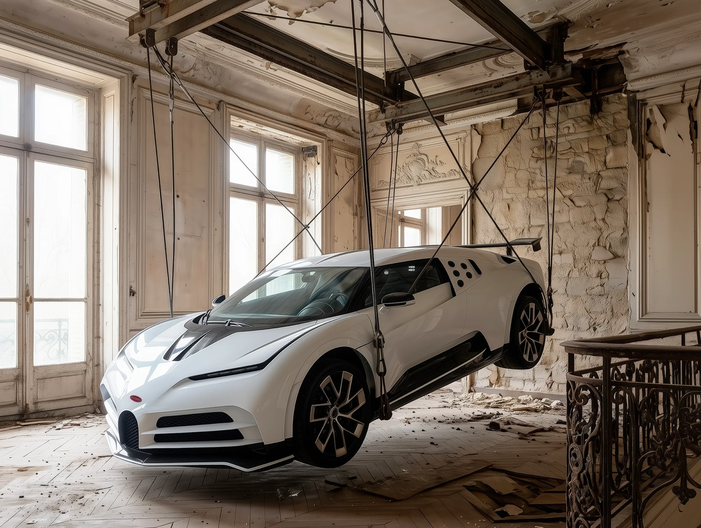 Bugatti Centodieci Suspension — hypercar blanche suspendue dans un palais en ruines, art mural premium