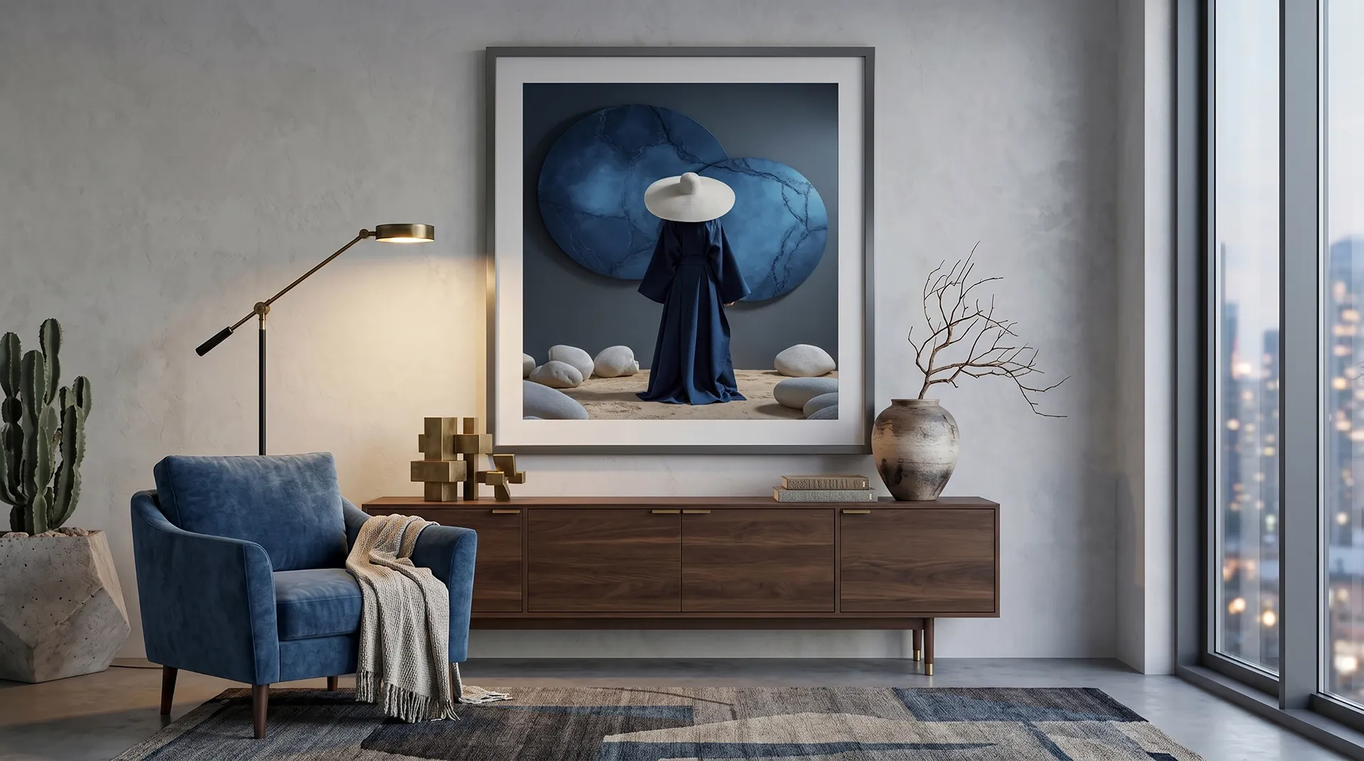 Tableau abstrait contemporain Figures et Formes Bleu Profond présenté dans un salon design Graphic Avenue