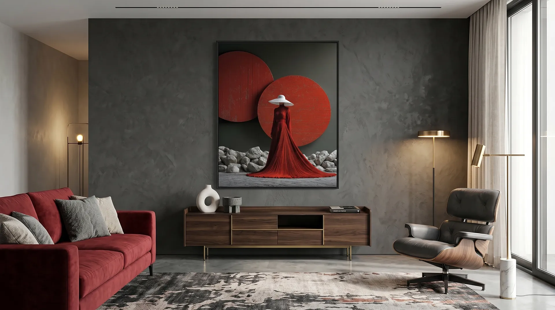 Tableau Figures et Formes Rouge Silence dans un intérieur contemporain Graphic Avenue