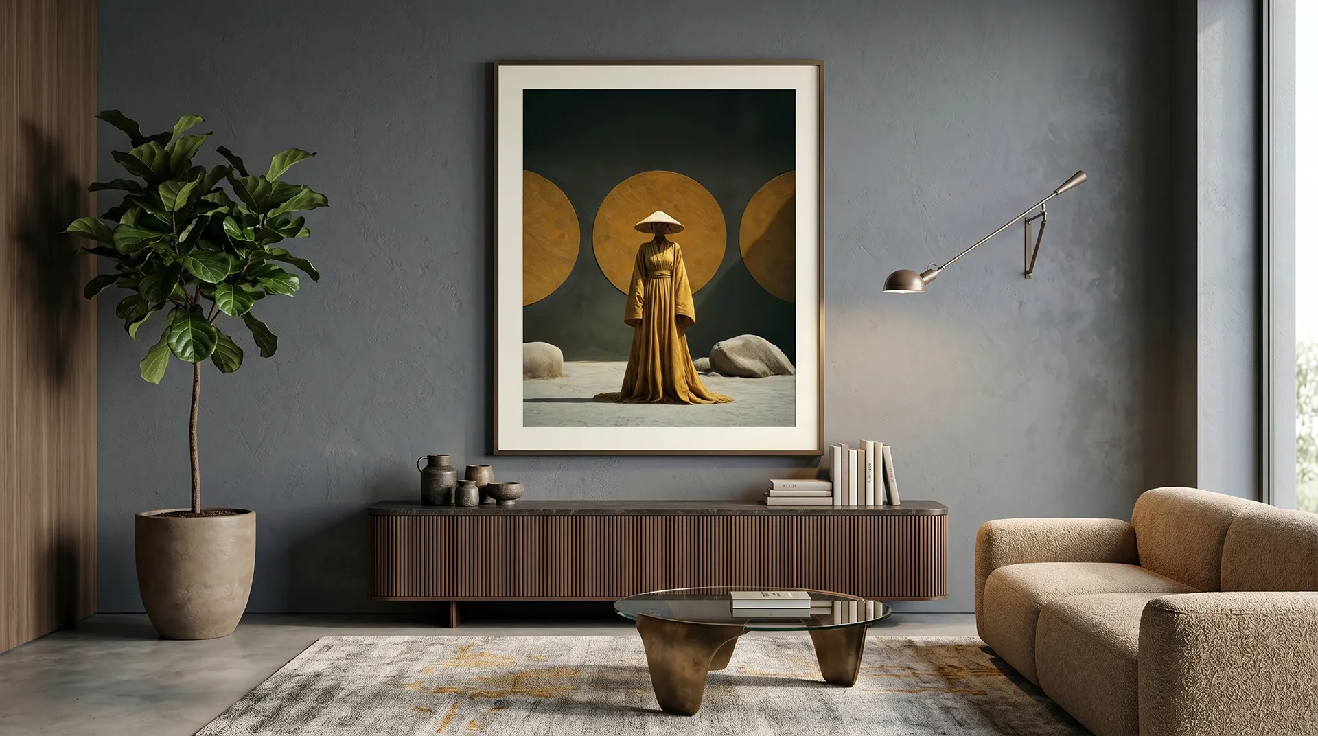 Tableau Figures et Formes Soleil Ocre dans un intérieur contemporain Graphic Avenue