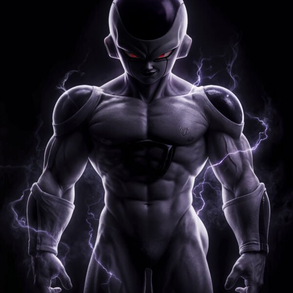 Freezer — Tableau Dark Icons, portrait silhouette en clair-obscur aux éclairs violets et yeux rouges, inspiré de Dragon Ball, art mural premium
